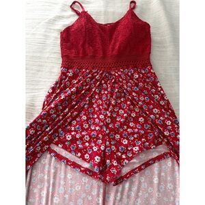 No Boundaries Walk-Thru Romper Open Maxi Skirt Red Floral Lace Bodice
